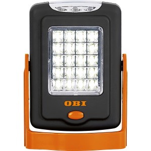 Lampada da lavoro OBI con 23 LED, nero-arancio, con gancio girevole e base magnetica.