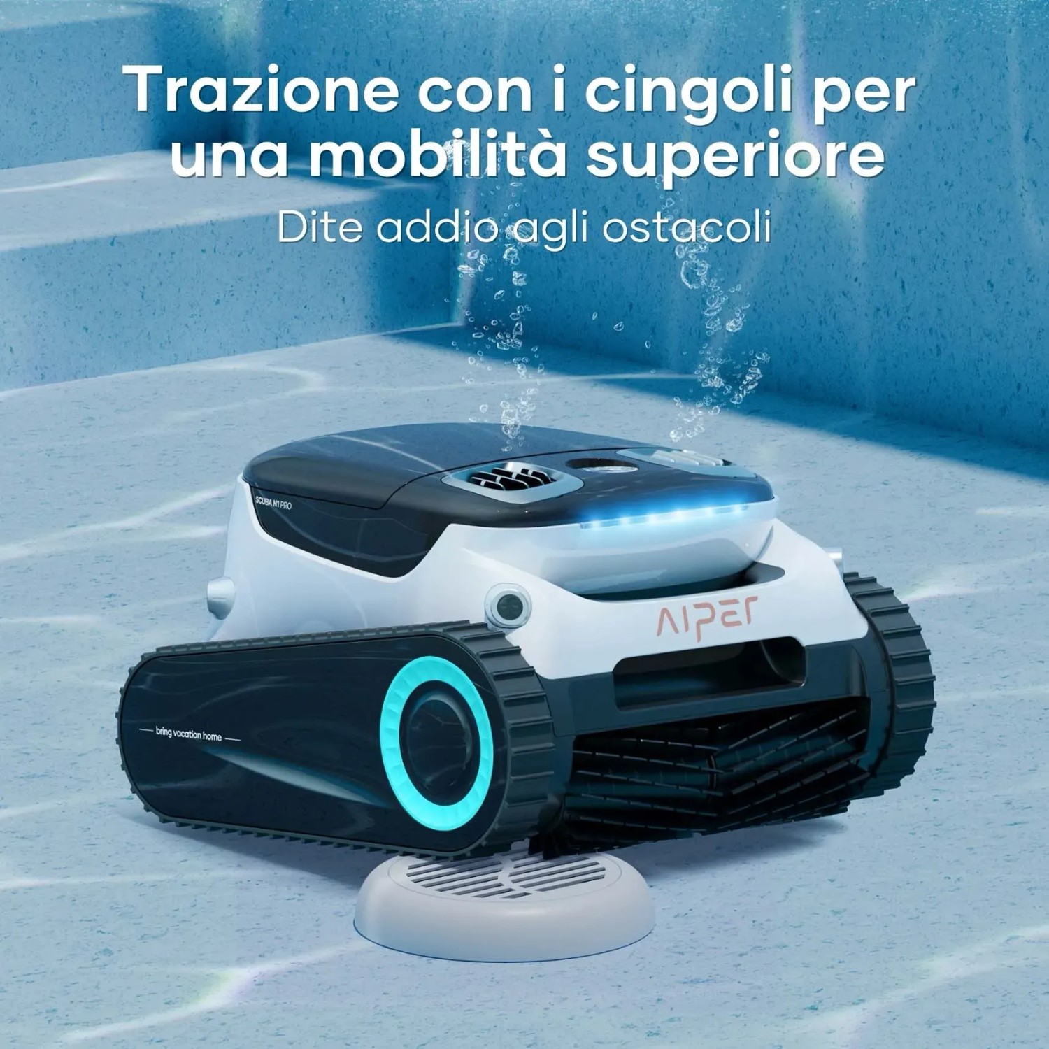 Robot per piscina t.b.t. con cingoli per una pulizia accurata.
