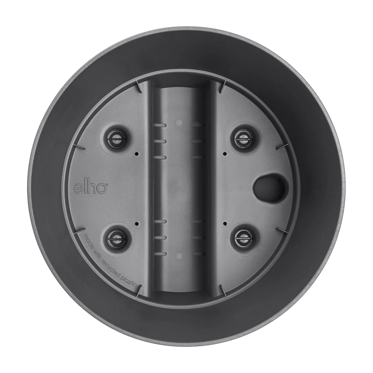 Vaso per piante rotondo Elho Greensense, 30 cm, grigio antracite, vista interna con dettagli del sistema di irrigazione.
