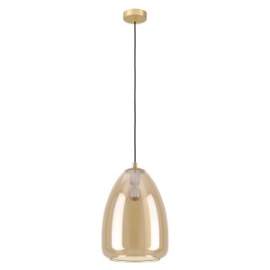 Lampada a sospensione t.b.t. dorata con paralume in vetro a forma di goccia.