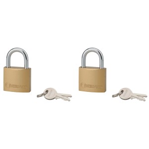 Due lucchetti t.b.t. con chiavi. Corpo color ottone, arco color argento.