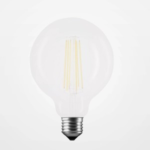 Lampadina LED E27 t.b.t. a globo con vetro trasparente.