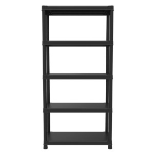 Scaffale nero t.b.t. con 5 ripiani per lo stoccaggio.