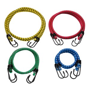 Set di elastici con ganci, 8 pezzi in giallo, rosso, verde e blu con ganci in metallo per viaggio e trasporto.