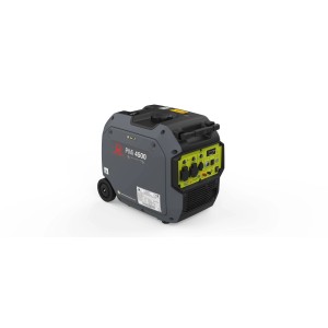 Generatore di corrente t.b.t. grigio con pannello di controllo giallo e ruote.