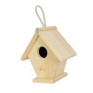 Casetta per uccelli in legno chiaro non trattato con dispositivo di sospensione.