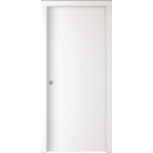 Porta interna bianca con design semplice e maniglia rotonda.