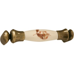 Maniglia per mobili t.b.t. con motivo floreale, in ceramica e effetto ottone.