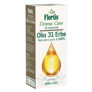 Flortis Olio 31 Erbe, olio essenziale repellente per insetti. Ingredienti naturali in scatola di cartone marrone.