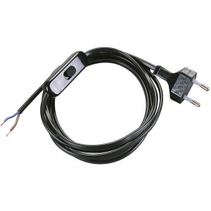 Cavo nero con interruttore intermedio e spina per lampade o apparecchi.