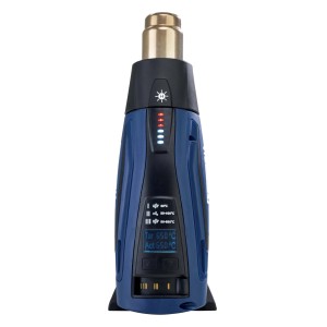 Pistola termica Rapid R2200-LCD: pistola ad aria calda blu e nera con display LCD e ugello dorato.