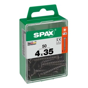 Viti SPAX 4x35 mm, 50 pezzi in contenitore di plastica verde.