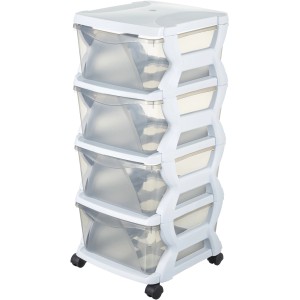 Cassettiera bianca t.b.t. con 4 cassetti trasparenti e ruote.