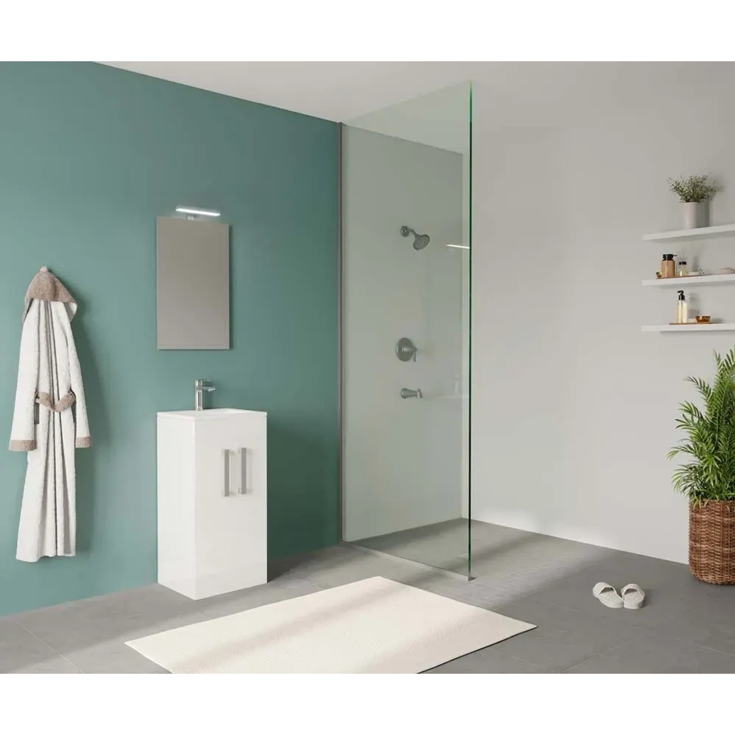 Bagno moderno con mobile lavabo bianco e doccia. Set di mobili bagno.