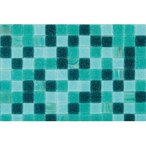 Piastrella a mosaico nei toni del turchese e del blu per bagno e cucina.