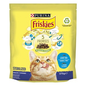 Friskies cibo secco per gatti sterilizzati, con salmone e tonno, 375g.