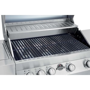 Dettaglio del barbecue a gas t.b.t. con griglia e scaldavivande.