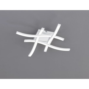 Plafoniera LED bianca moderna con elementi luminosi curvi.