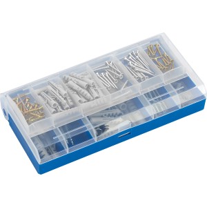 Set di viti e tasselli LUX da 180 pezzi in scatola assortita blu.