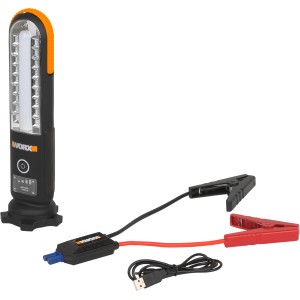 Worx Jumpstarter WX852.1 con luce LED, avviatore di emergenza 12V con morsetti e cavo USB.