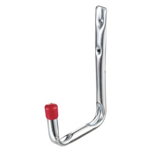 Gancio a muro zincato, 300x250 mm, con cappuccio in gomma rosso. Ideale per il montaggio a parete.
