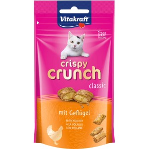 Vitakraft Crispy Crunch Pollame, 60g: Snack croccanti per gatti con ripieno di pollame in sacchetto rosa.