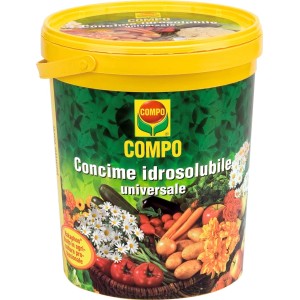 Concime universale COMPO in secchio giallo con illustrazione di verdure.