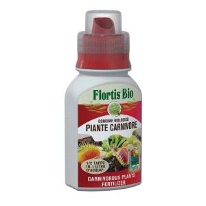 Fertilizzante Flortis Bio per piante carnivore in flacone bianco con tappo rosso.