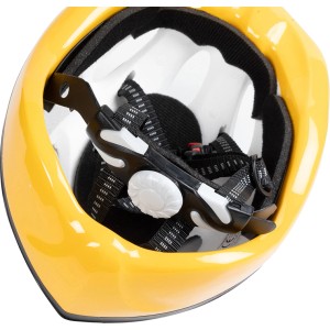 Casco da bici giallo, vista interna con imbottitura e cinturini per una protezione ottimale.