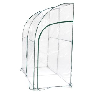 Piccola serra t.b.t. trasparente con bordi verdi.