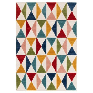 Tappeto moderno con motivo a triangoli colorati.