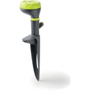 Irrigatore di superficie grigio con testa verde per irrigazione giardino.