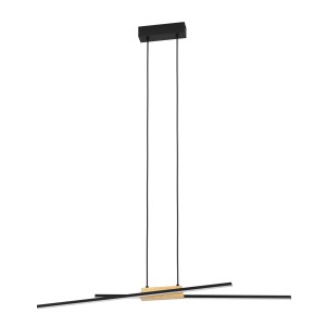 Moderna lampada a sospensione t.b.t. con legno e dettagli neri per interni.