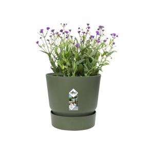 Vaso per piante Elho verde con pianta fiorita viola, ideale per giardino o interni.