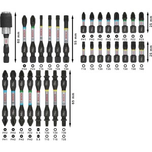 Set di inserti per avvitatori Bosch con vari inserti e portainserti, diverse dimensioni.