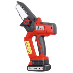 Potatore a batteria rosso (t.b.t.) per la potatura degli alberi in giardino.