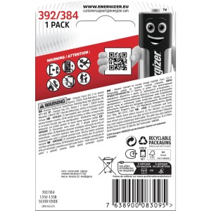 Pila a bottone Energizer 392/384 all'ossido di argento, confezione singola per orologi e piccoli dispositivi.