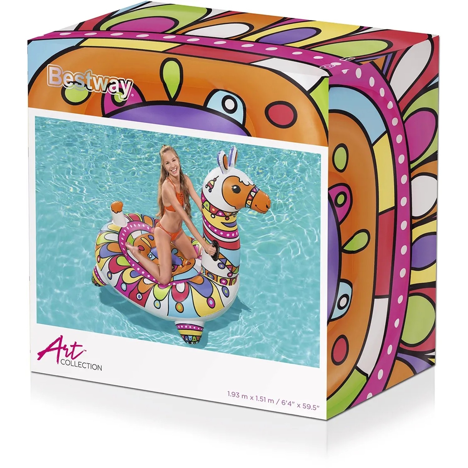 Confezione del gonfiabile Bestway POP Llama, 193x151 cm, design colorato.