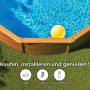 Piscina rotonda Gre Pool Sicilia effetto legno, Ø 350 cm, in giardino con palla gialla.