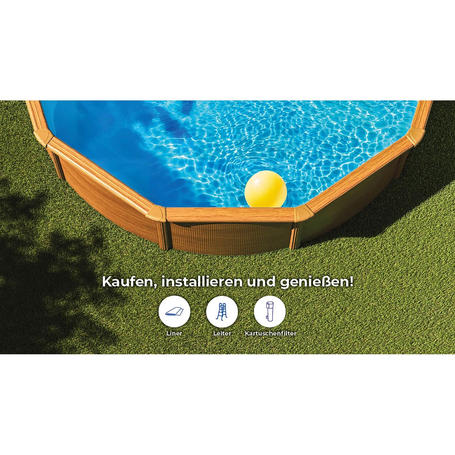 Piscina rotonda Gre Pool Sicilia effetto legno, Ø 350 cm, in giardino con palla gialla.