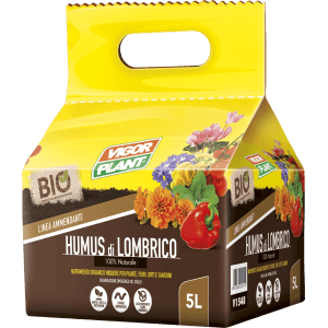 Confezione gialla di Humus di Lombrico 5L, base naturale per piante, fiori, orti e giardini.