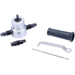 Set accessori per trapano t.b.t.: taglia metalli, manico, chiave inglese e perno.