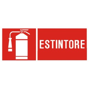 Cartello antincendio: Simbolo estintore, grafica bianca su sfondo rosso.