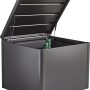 Compostiera Biohort MonAmi, grigio scuro, con coperchio aperto e tubi di ventilazione.
