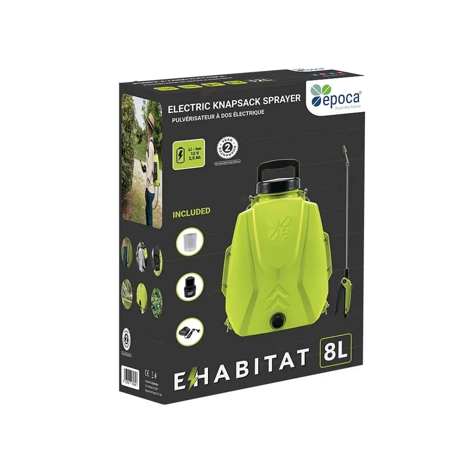 Confezione di una pompa a pressione t.b.t.. Irroratrice a spalla a batteria verde con accessori nella scatola.
