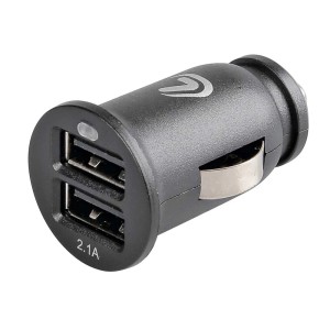 Caricatore USB nero t.b.t. per interni auto con due porte USB.