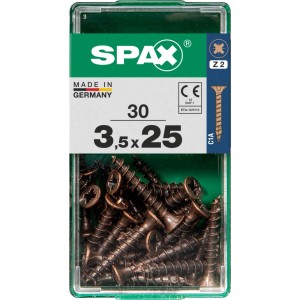 Viti per legno SPAX 3,5x25 mm, 30 pezzi, C1A, Z2 in contenitore di plastica verde.