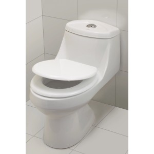 Sedile WC bianco baliv Pollino con chiusura ammortizzata e anima in legno MDF su un water.