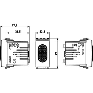 Disegno tecnico di t.b.t. interruttore/comando con dimensioni. Vista dettagliata per l'installazione.