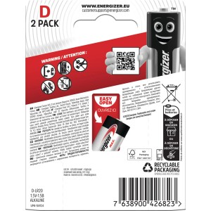 Energizer Max D Mono, confezione da 2 batterie, ideale per dispositivi di uso quotidiano.